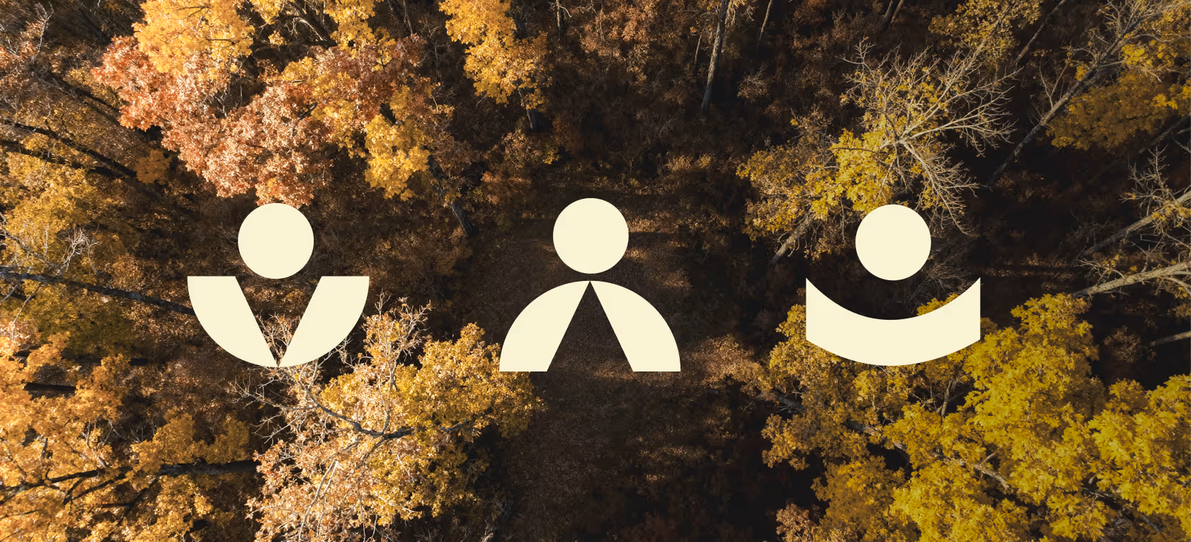 Three beige stylized human icons over an aerial view of autumn trees with yellow and orange leaves.