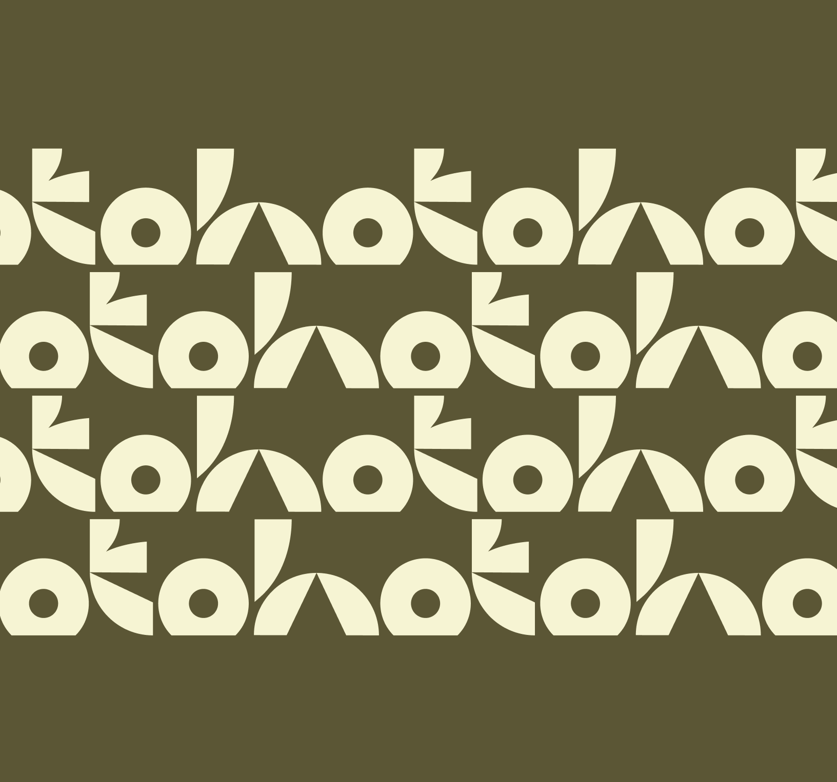 Geometric abstract pattern with cream shapes on olive green background, arranged in horizontal repeating rows.