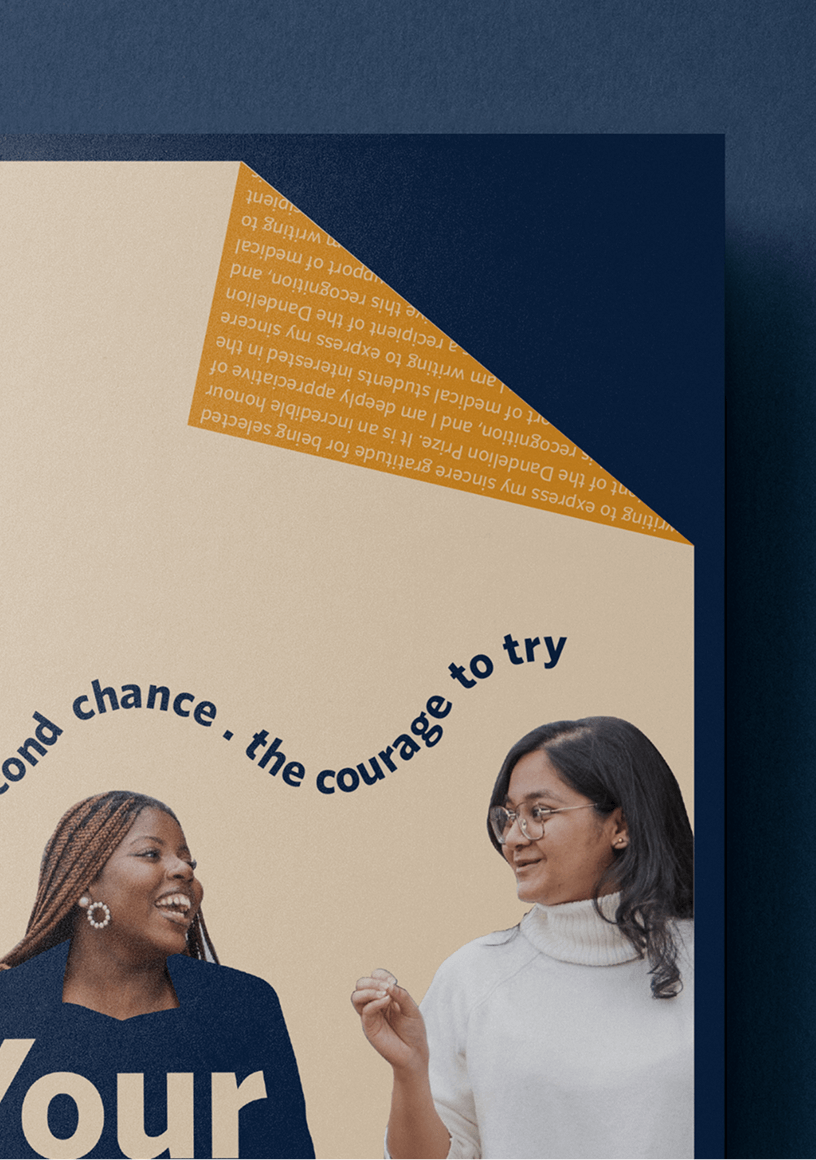 Two women smiling and conversing, with text saying 'second chance · the courage to try' on a beige background.
