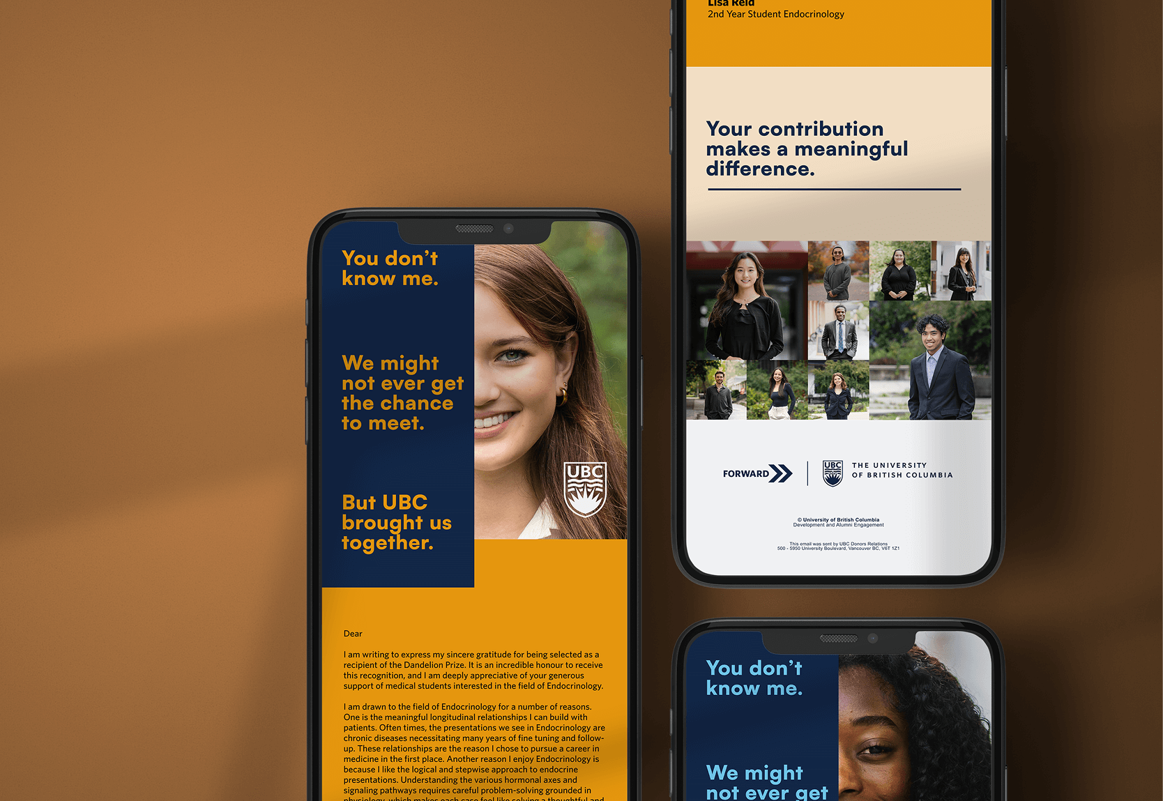 Three smartphones displaying university donation campaign messages with student photos, including text about contributions making a meaningful difference and UBC bringing people together.