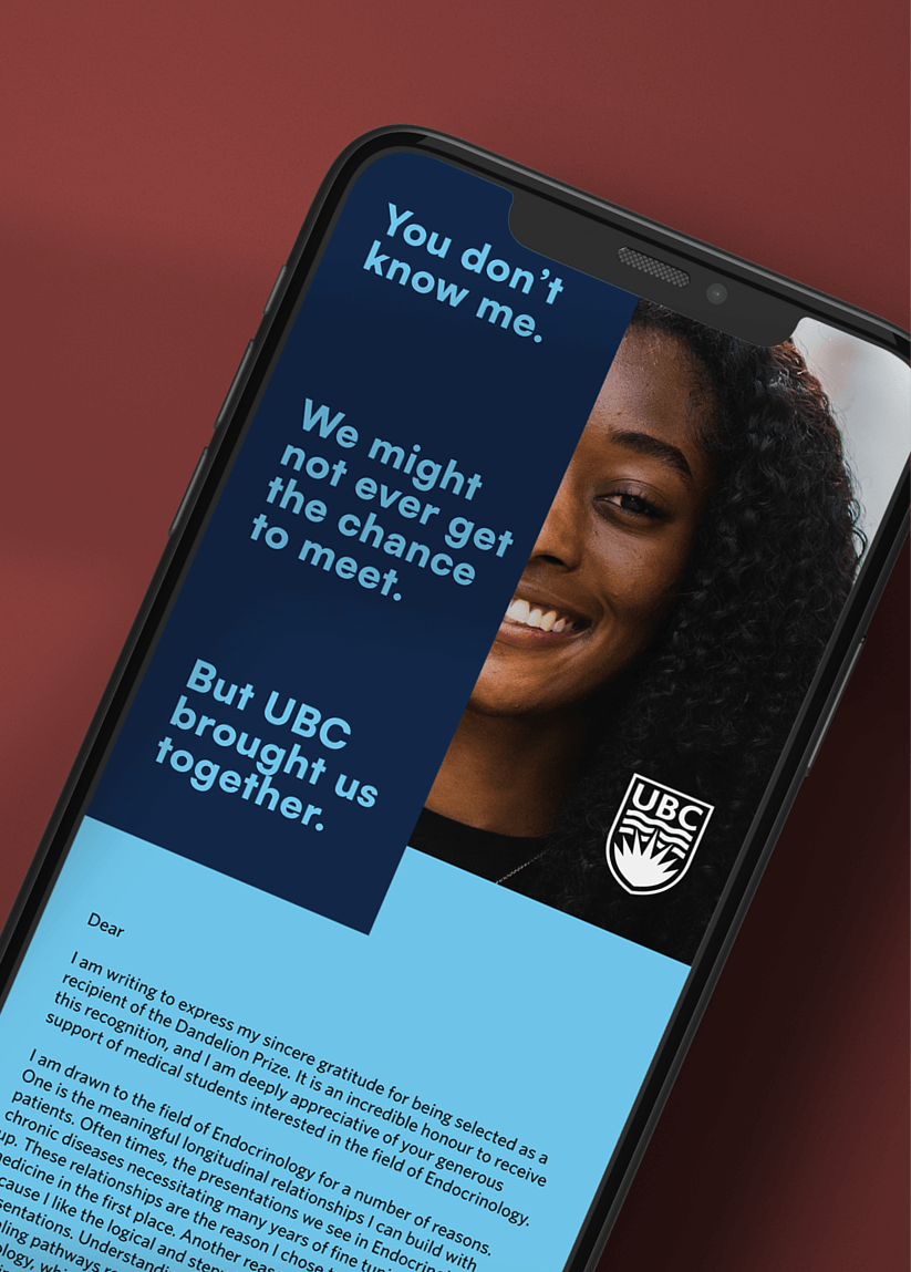 Smartphone screen showing a smiling woman with curly hair and a message reading, 'You don’t know me. We might not ever get the chance to meet. But UBC brought us together.' with UBC logo visible.