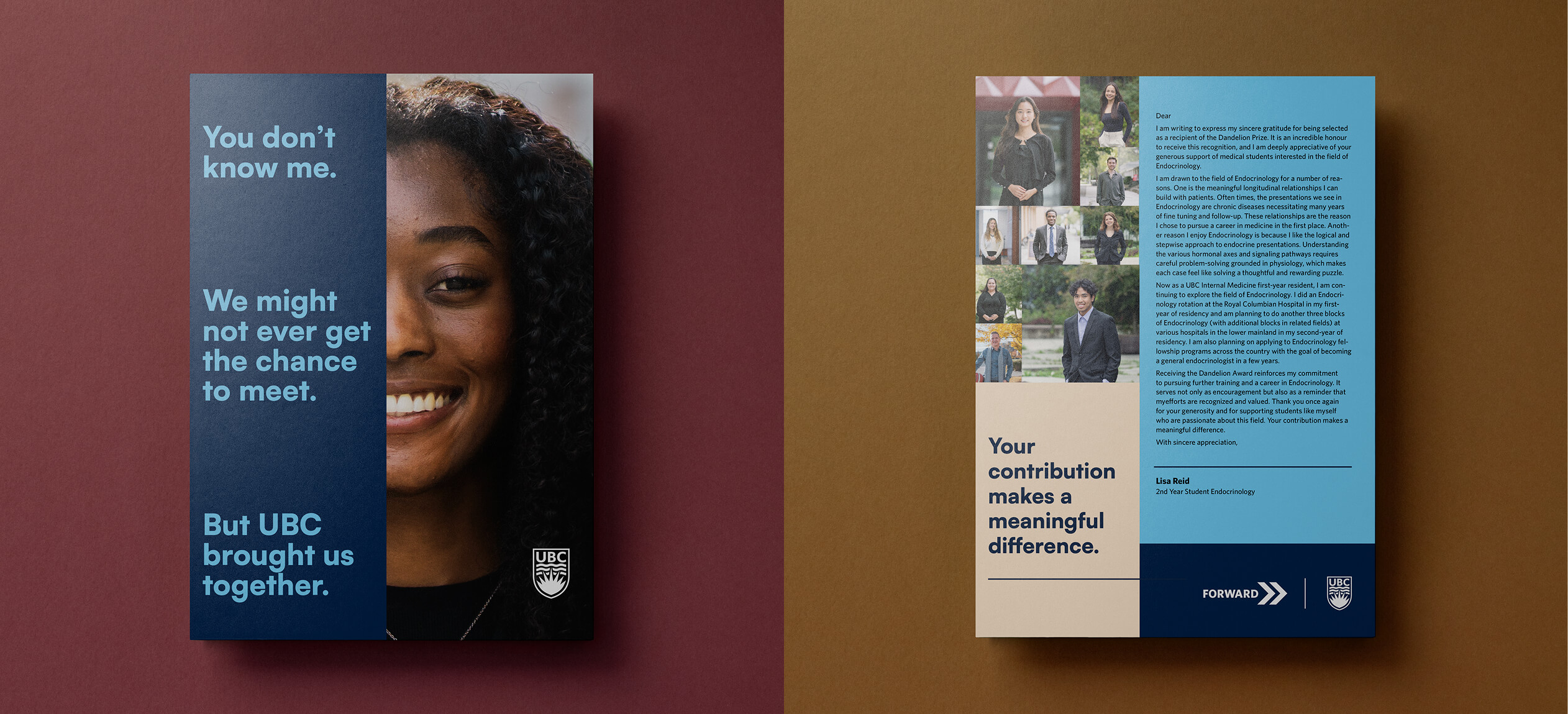Two-page UBC brochure with a woman smiling on the left and text about contributions making a meaningful difference with photos of students and a thank you letter on the right.