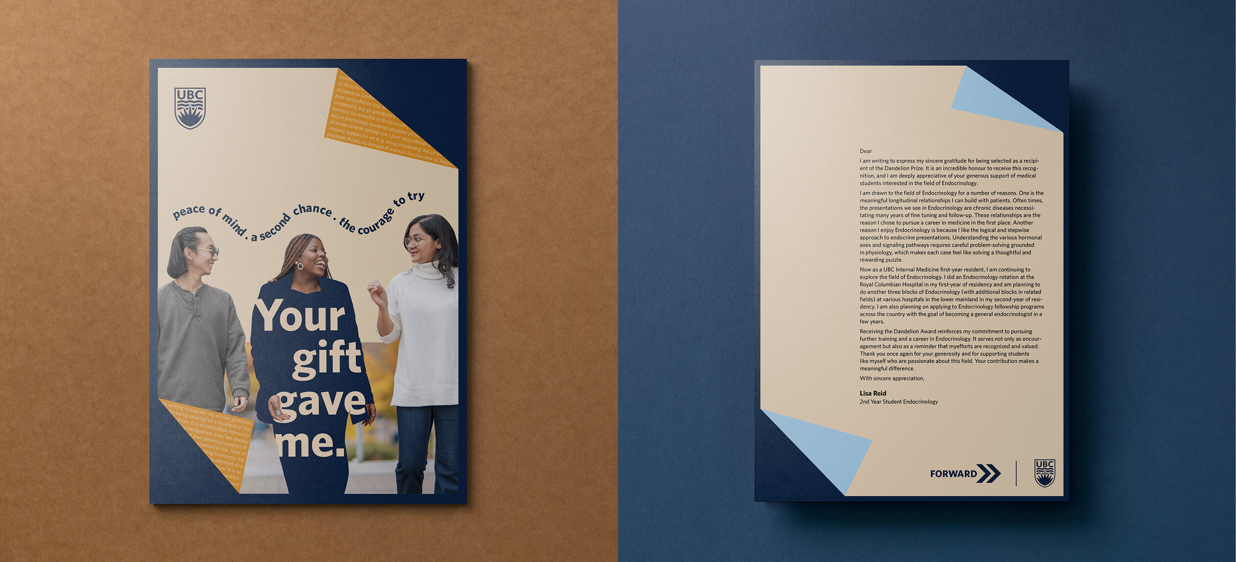 Two-page layout with UBC logo; left page features three diverse people smiling with text 'Your gift gave me.' and curved text 'peace of mind, a second chance, the courage to try'; right page shows a detailed letter with signature from Lisa Reid, 2nd Year Student Endocrinology.