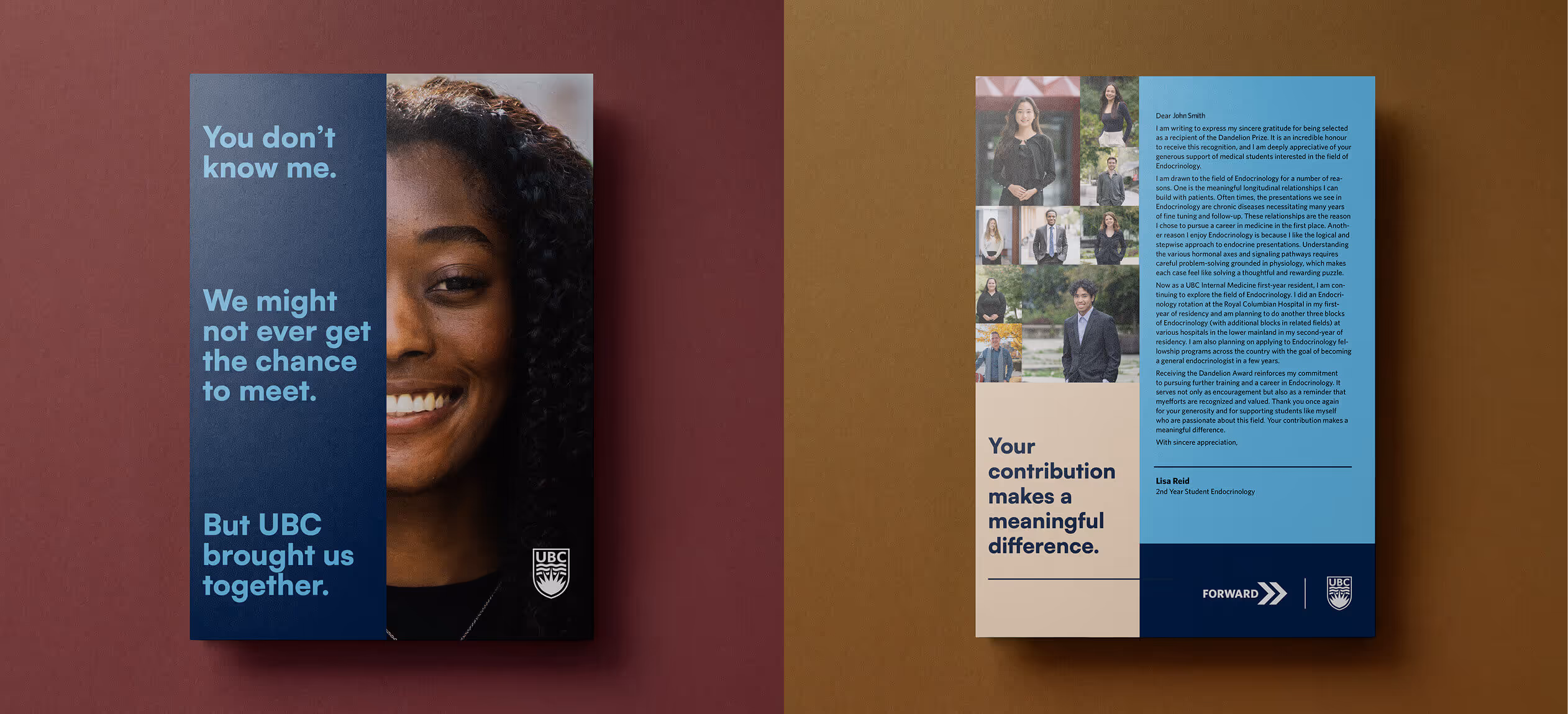 Two-page UBC brochure with left page showing half face of a smiling Black woman and text about UBC bringing people together; right page includes portraits of diverse students and a letter expressing gratitude for support in endocrinology research and student training.