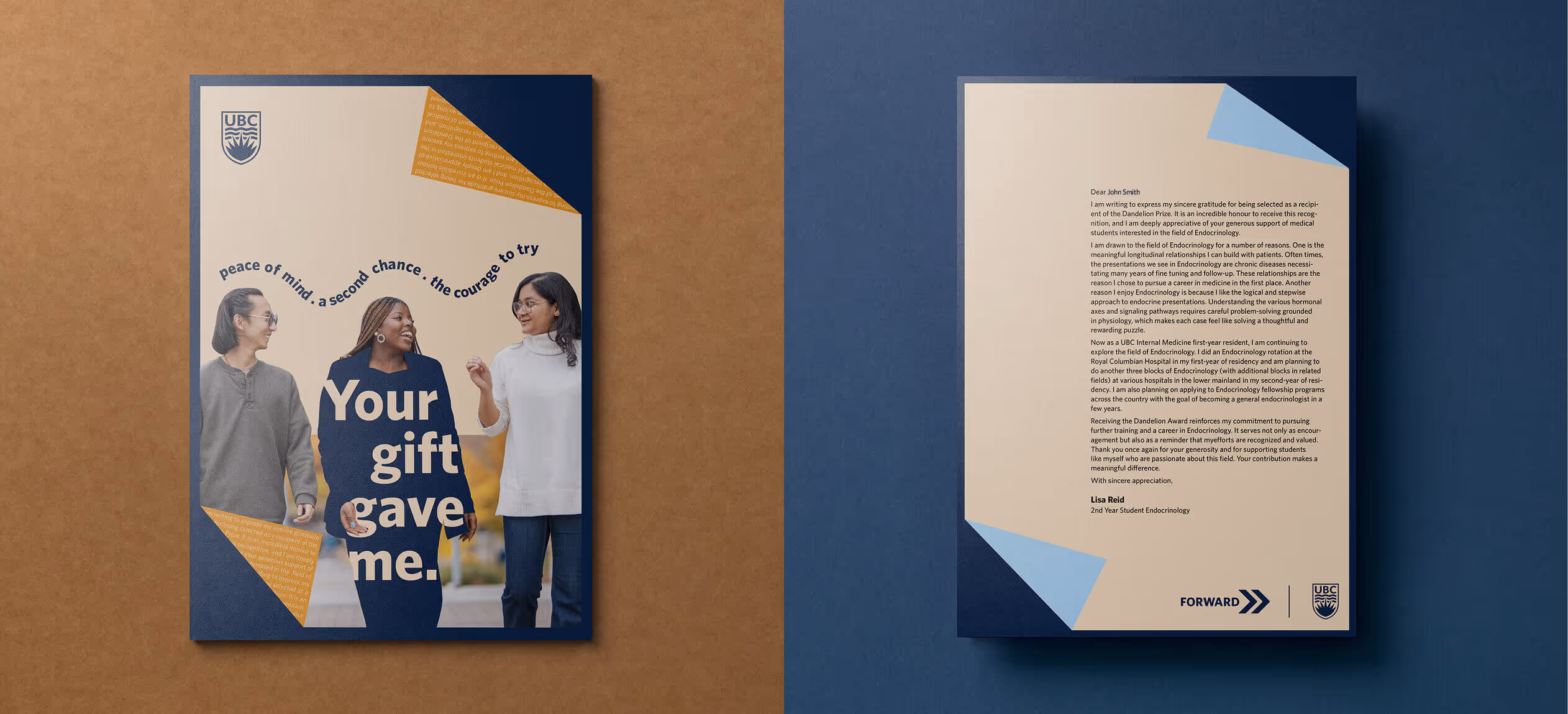Front and back covers of a UBC booklet; front shows three diverse women walking and the text 'Your gift gave me.'; back has a letter signed by Lisa Reid, 2nd Year Student Endocrinology.