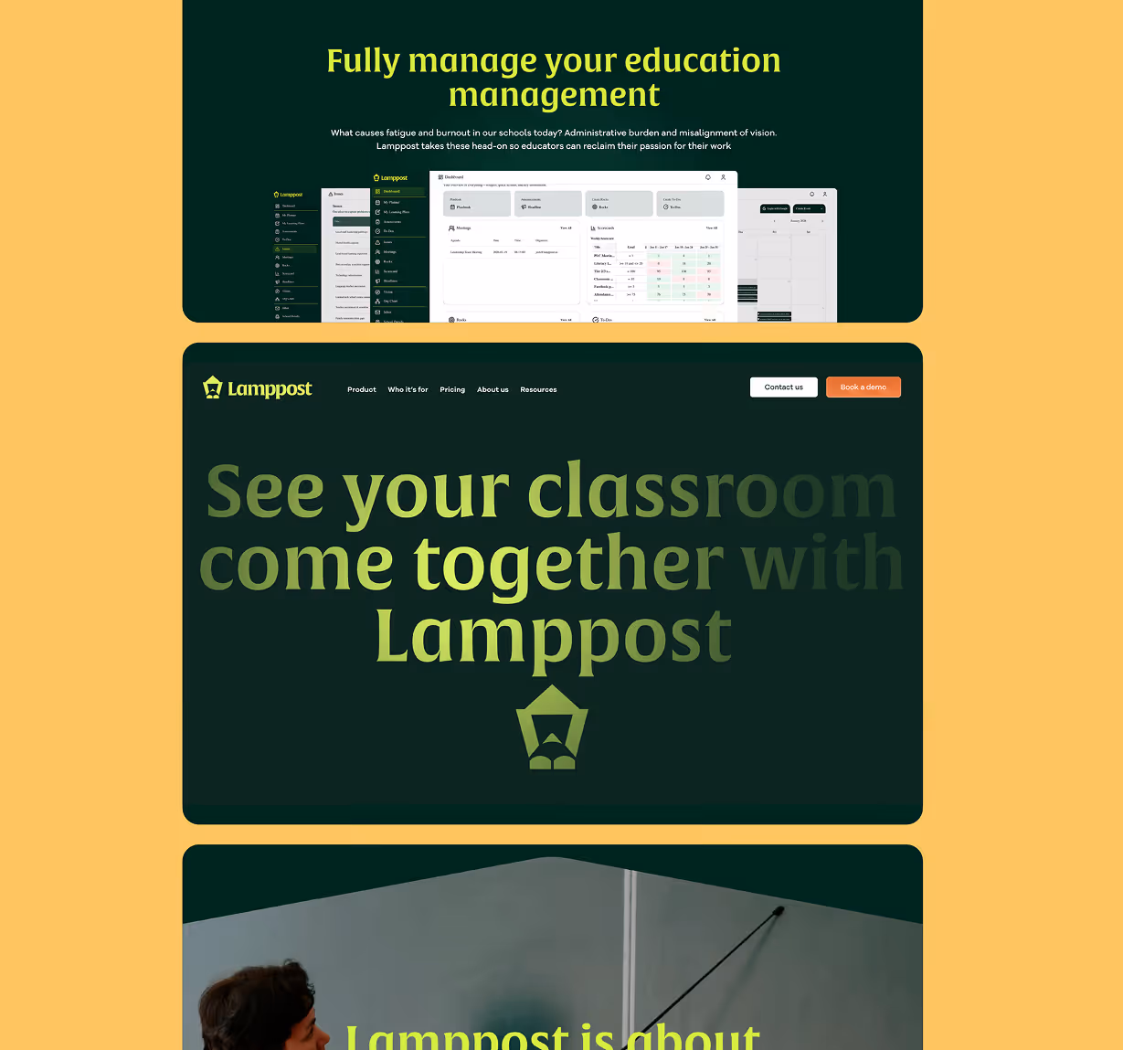 Website sections showing Lamppost education management software with dashboard interface, slogan 'See your classroom come together with Lamppost', and a teacher pointing at a board.