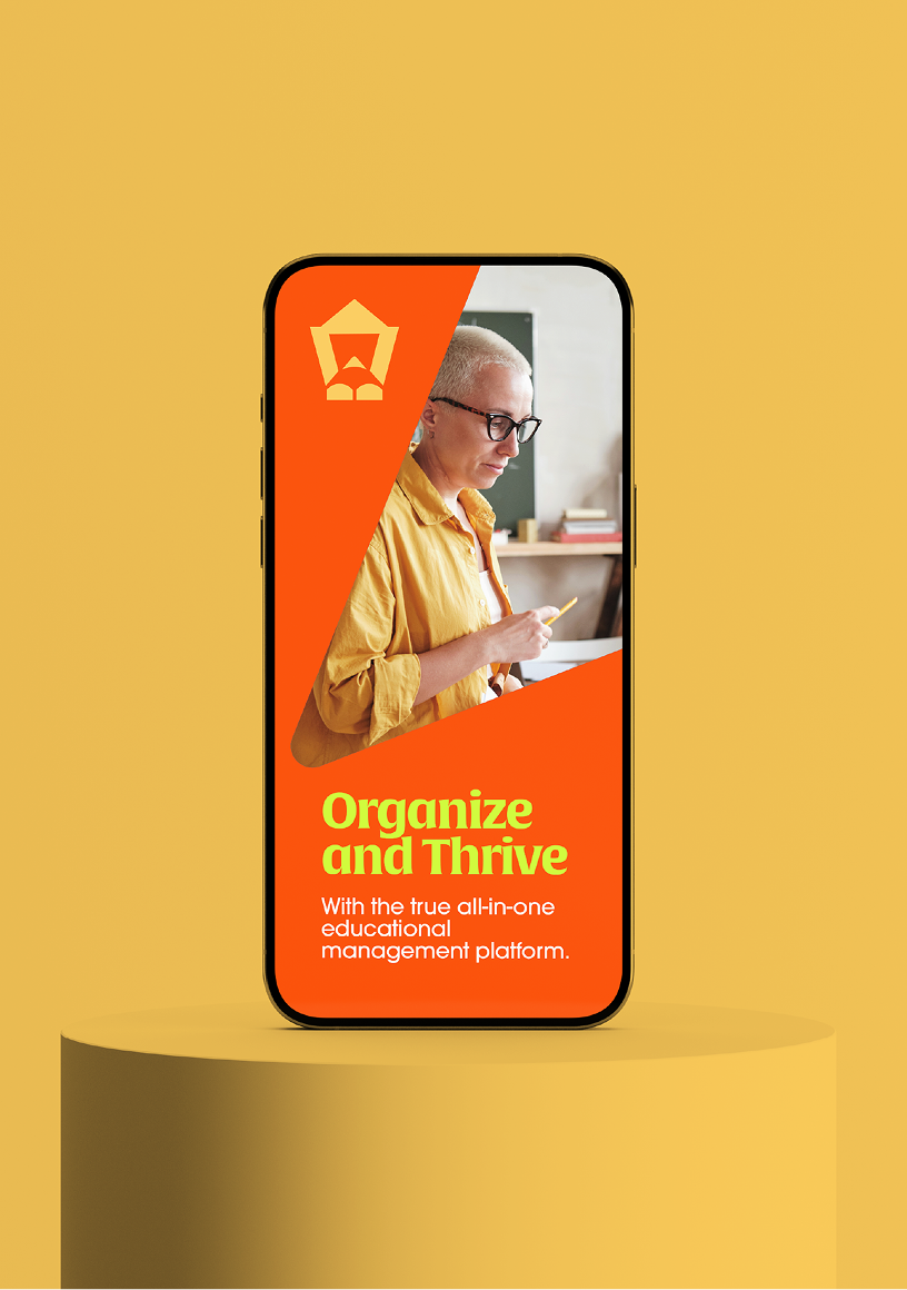 Smartphone screen showing a woman writing and text saying Organize and Thrive with an all-in-one educational management platform.