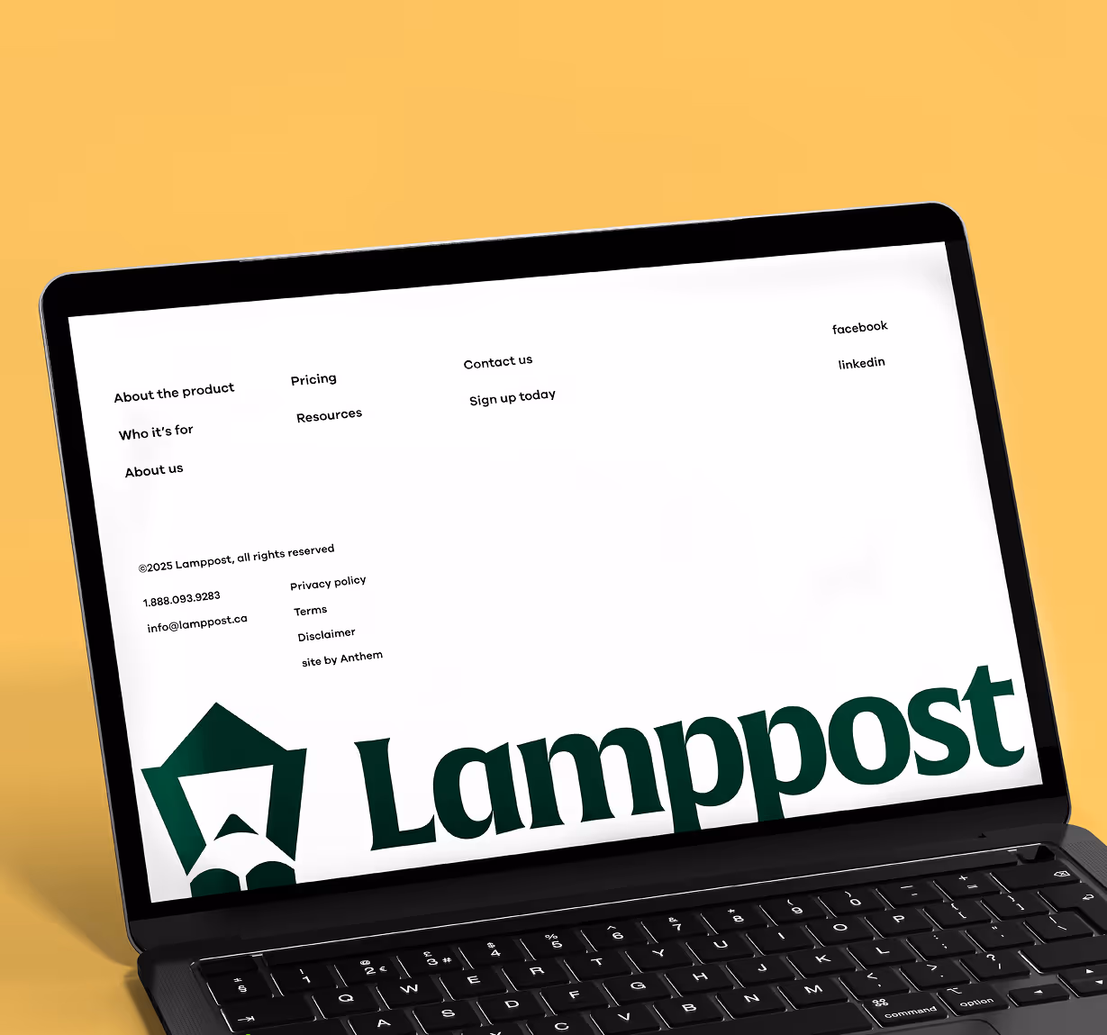 Laptop screen displaying a webpage footer with navigation links about product, pricing, contact, social media, and company info, featuring the Lamppost logo.