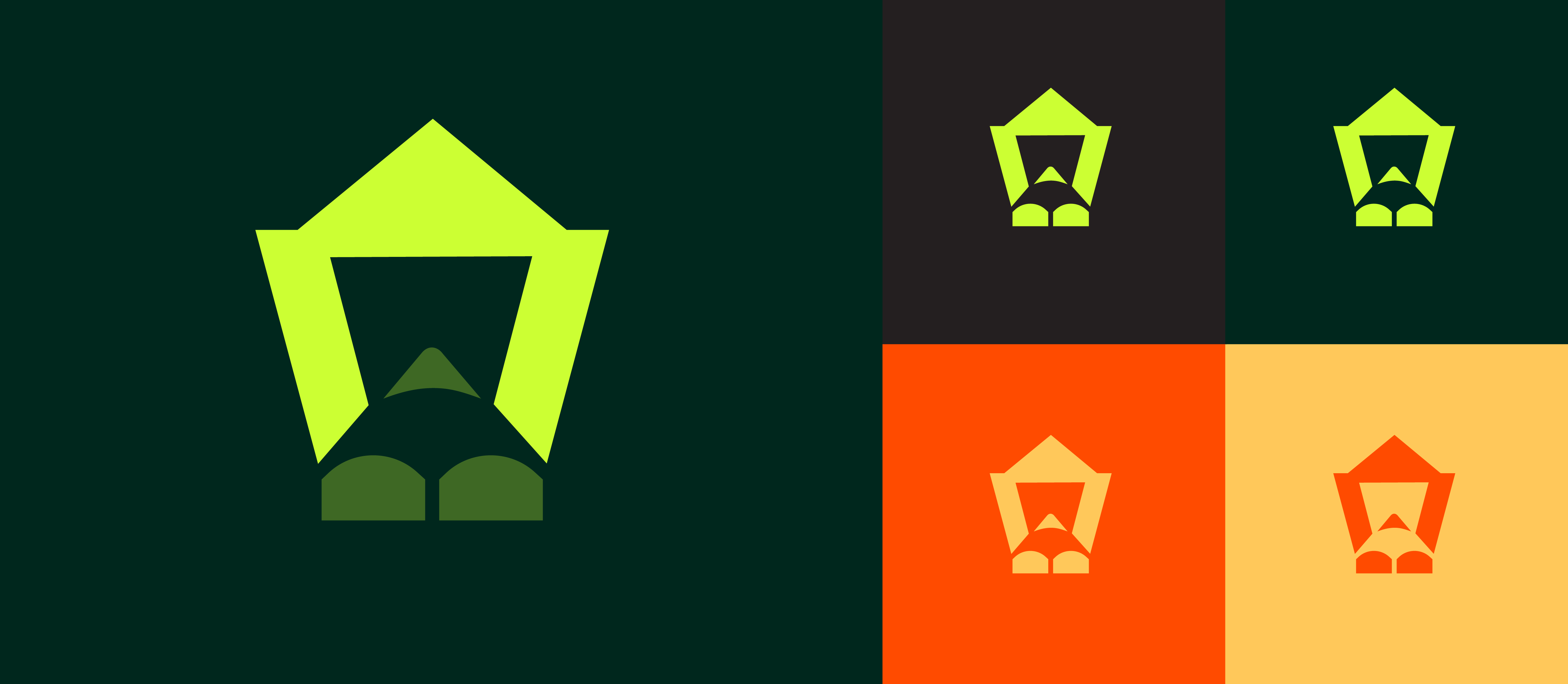Pentagon-shaped icon resembling a stylized house with two curved shapes at the base and a triangular shape in the center, shown in green and orange color variations.