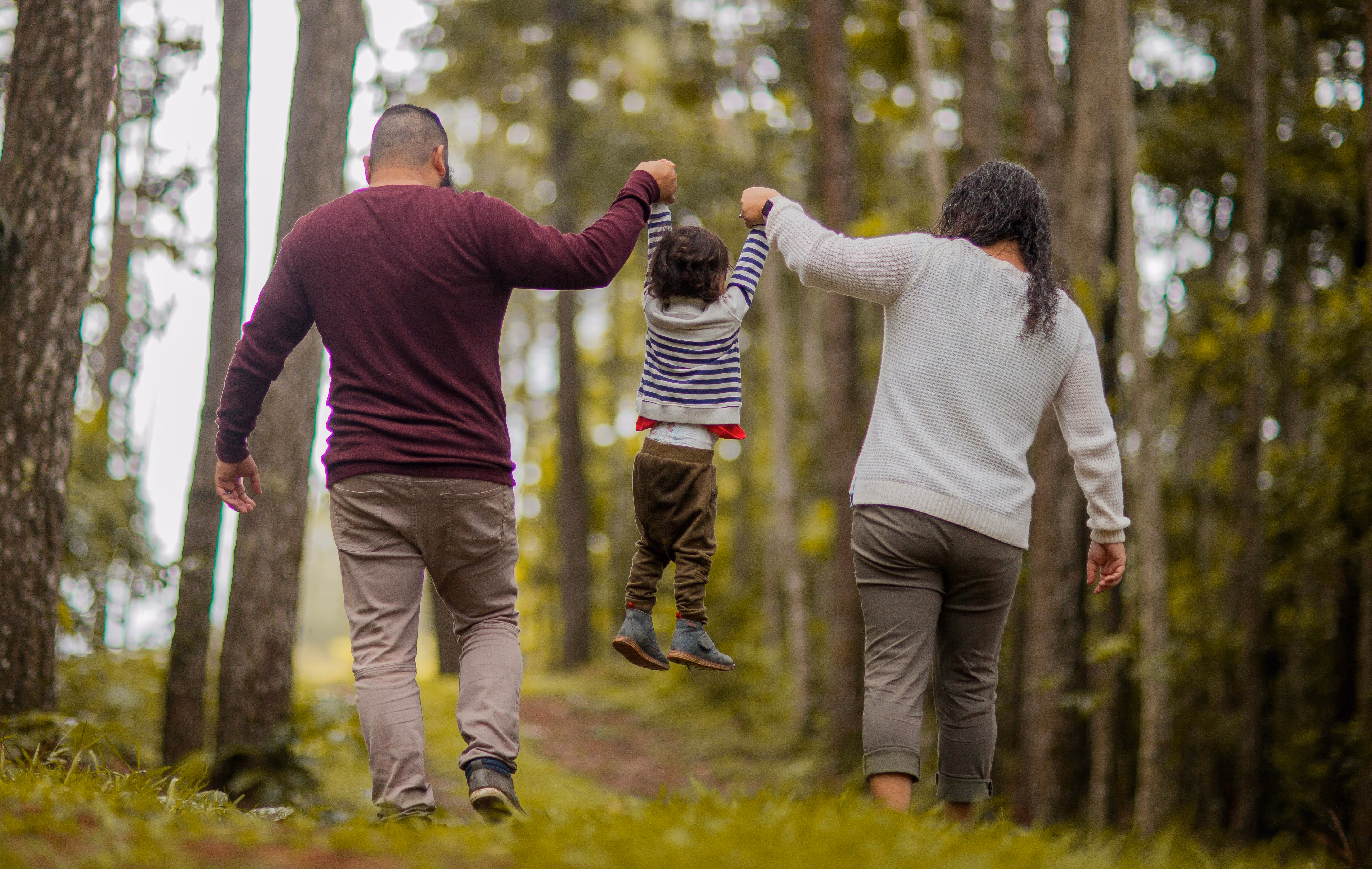 Parents playing with child with back towards the camera.