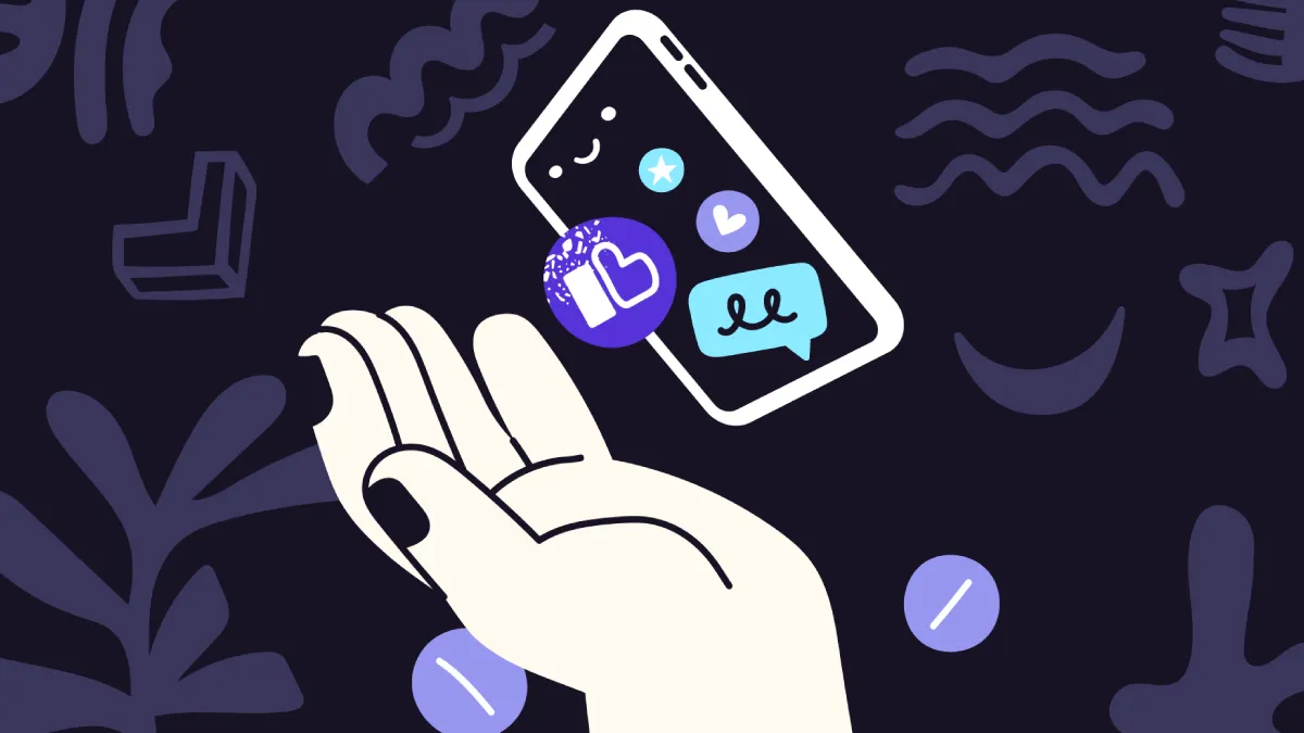 Illustration of a hand and smartphone representing mental health and wellbeing tips at work