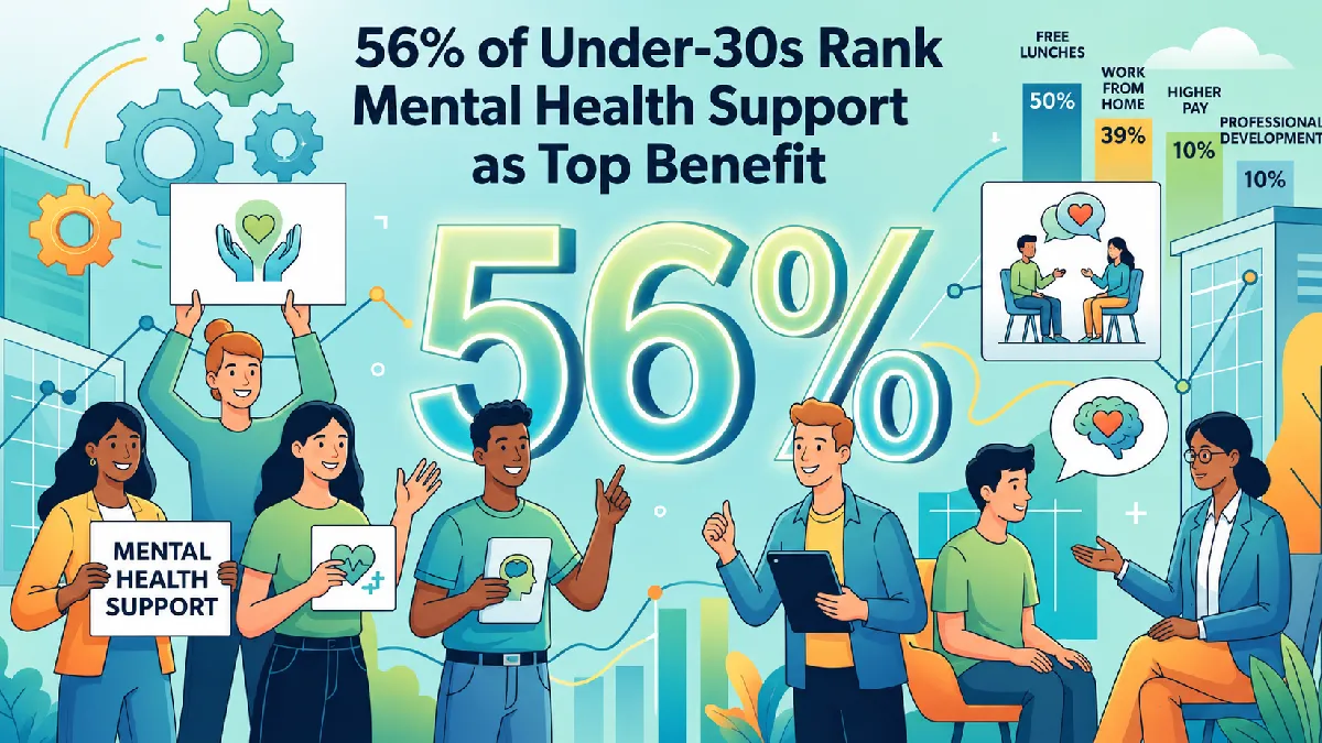 Illustration showing mental health support as key to retaining young workers, valued by 56% of under-30s
