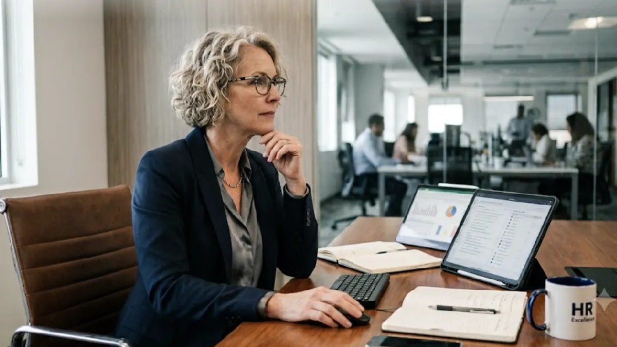 HR leader reviewing workforce data during a 90-day workforce health risk assessment