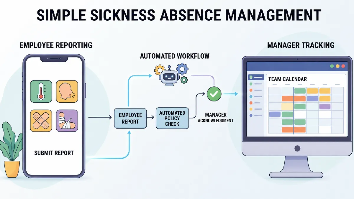 Diagram showing how UK absence management software automates sickness reporting and manager tracking