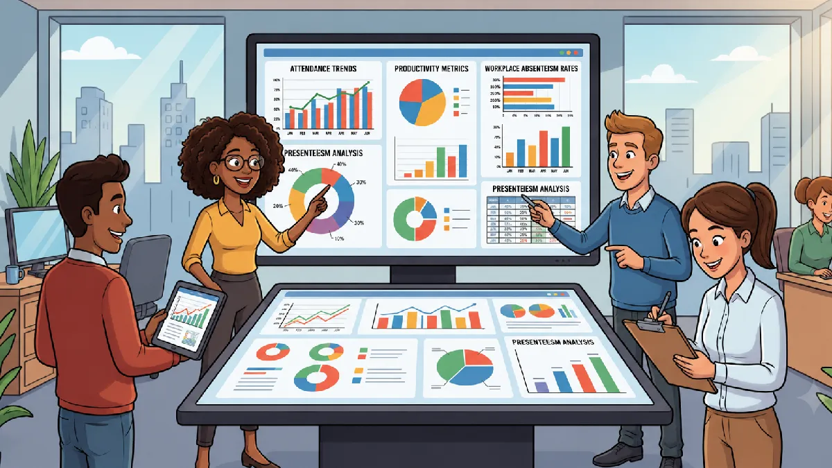 HR team reviewing productivity data to measure the cost of presenteeism in a UK workplace