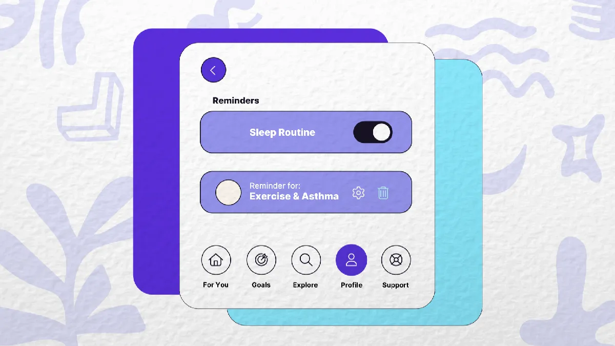 Illustration of a wellbeing app with sleep and exercise reminders for people leaders practising self-care