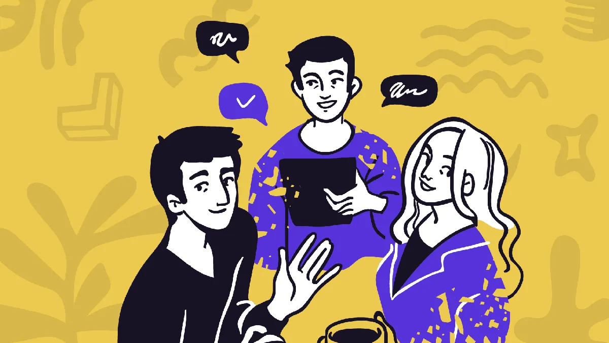 Illustration of colleagues having an open discussion, representing HR guidance on mindfulness at work