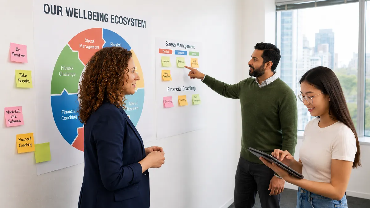 Team planning UK employee wellbeing solutions across stress, fitness and financial support