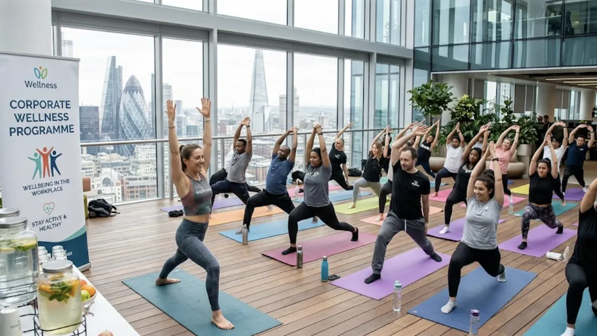 Employees joining a workplace yoga session organised through a UK corporate wellness programme