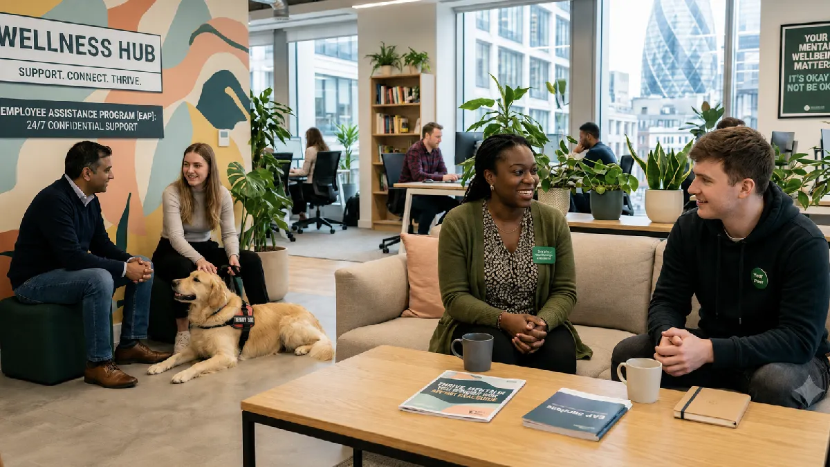 Employees connecting in a workplace wellness hub supported by an employee mental health platform