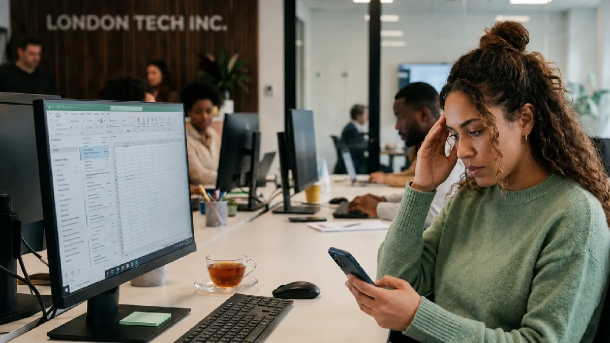 Stressed employee using her phone beside a computer, representing UK employee stress management software