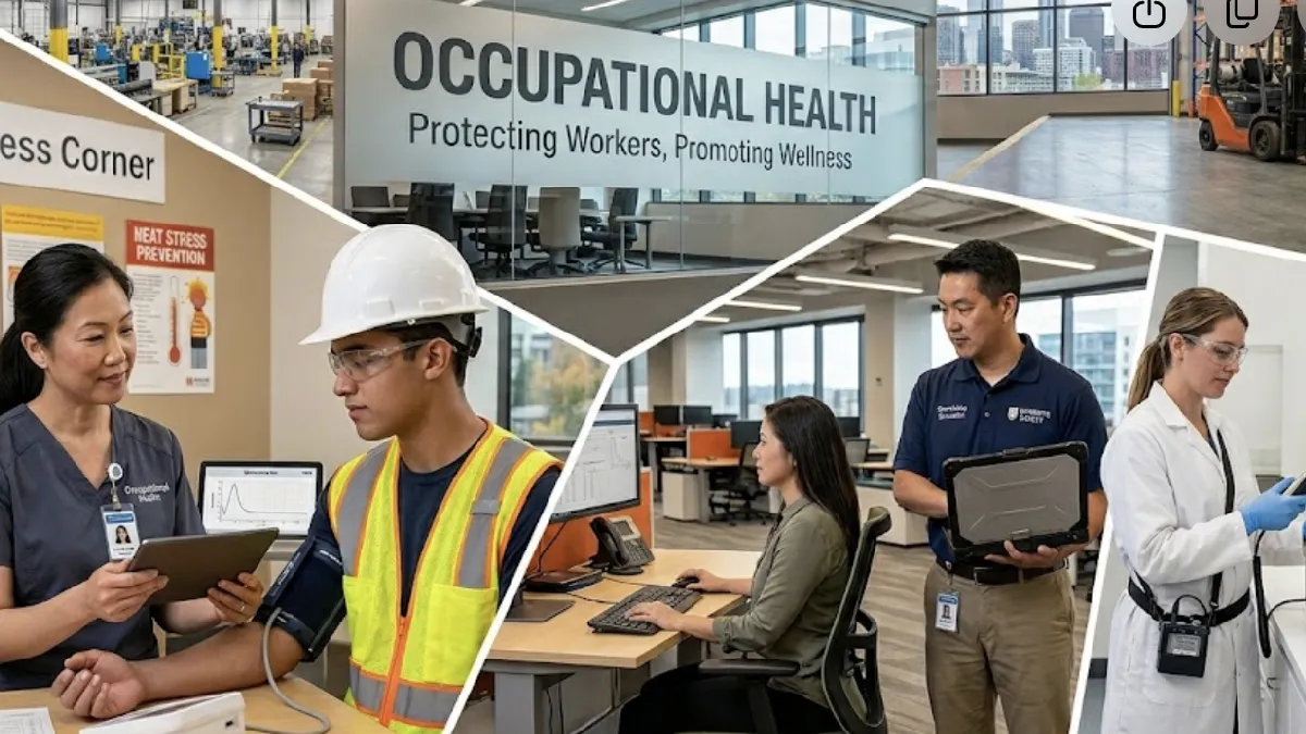 Collage of occupational health professionals supporting workers through UK workplace health platforms