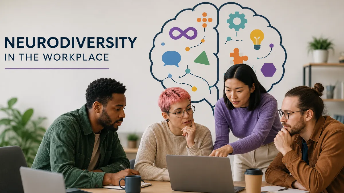 Team collaborating at a laptop beneath a neurodiversity graphic, highlighting its impact on productivity