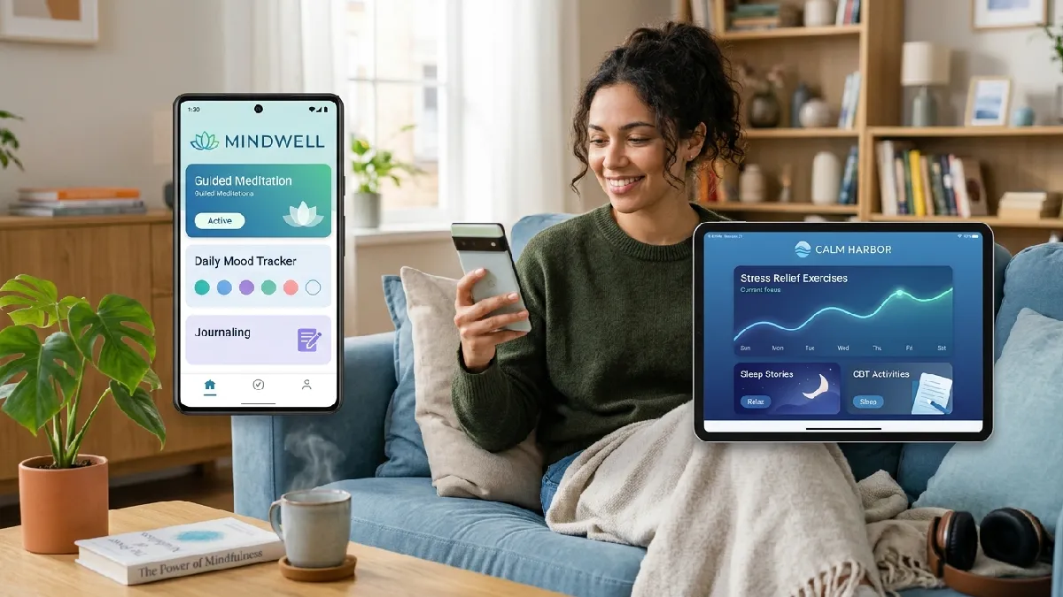 Woman comparing mental health apps on different devices, representing the best workplace platforms in the UK