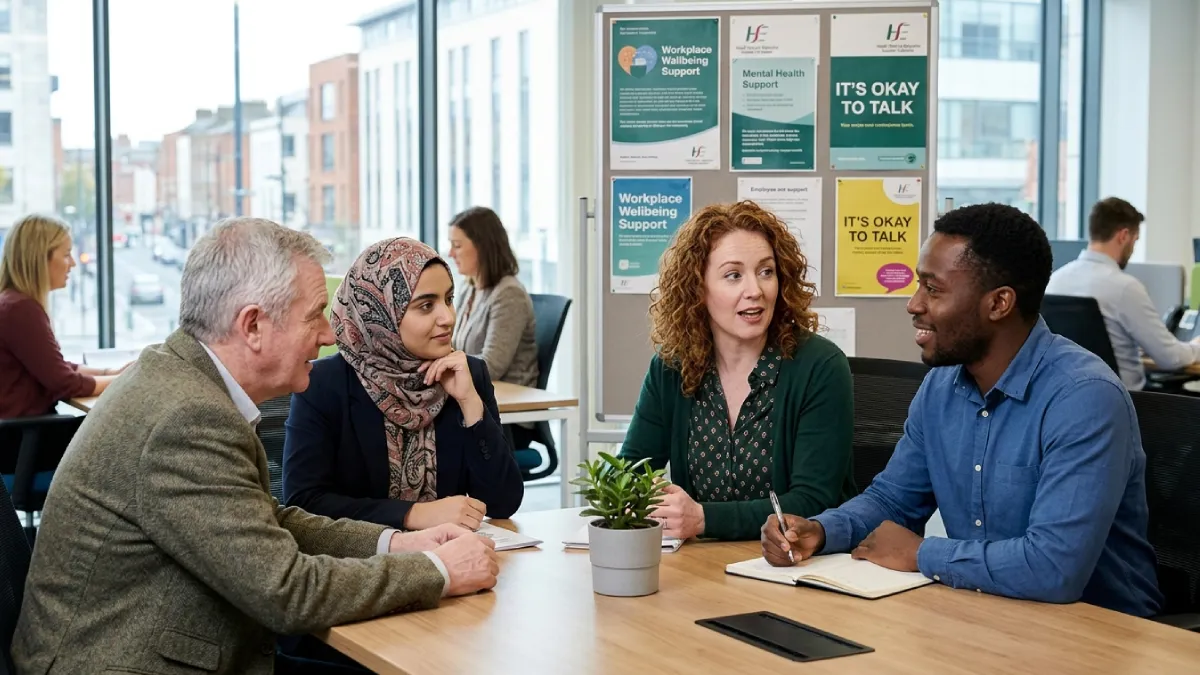 Employees in Ireland discussing workplace mental health support and employee assistance programmes