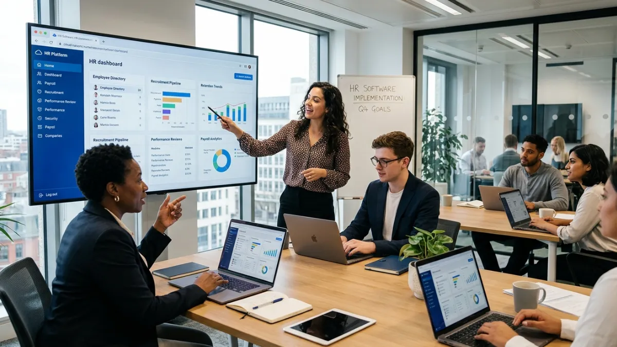 UK HR team reviewing corporate wellness software and employee wellbeing data in a meeting