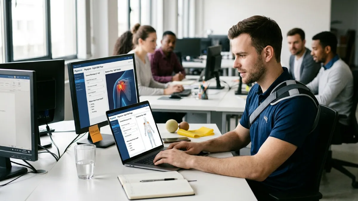 Employee using digital MSK triage for shoulder pain to support early intervention and reduce sickness absence