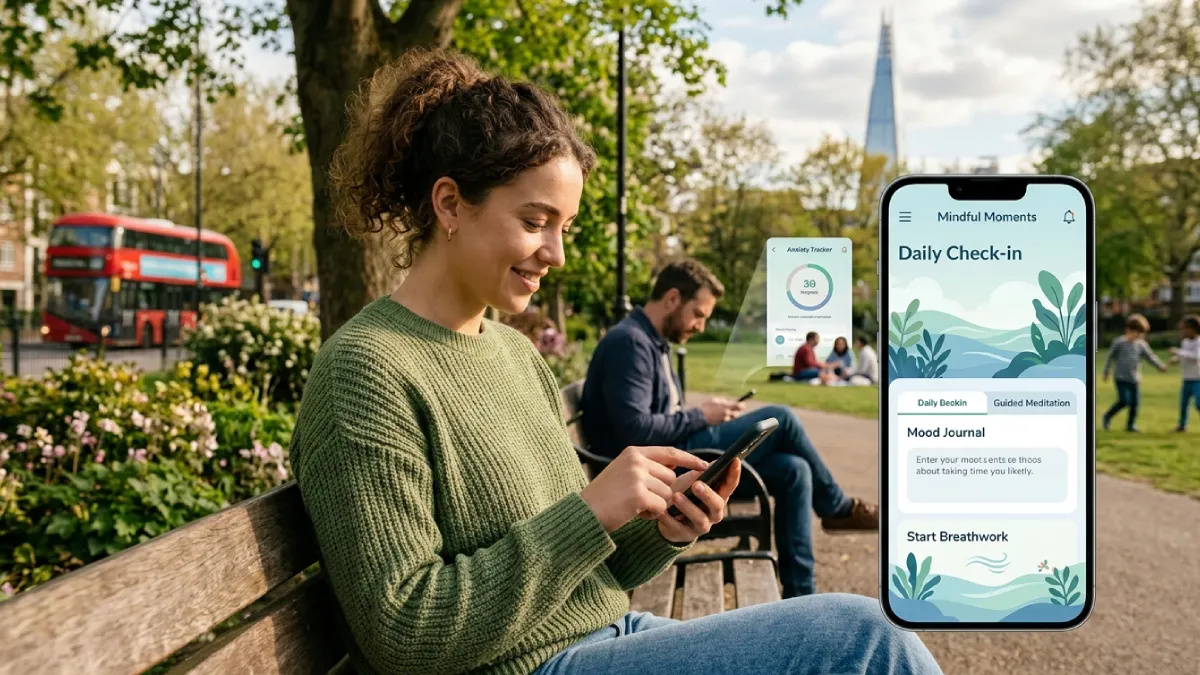 Woman using a mood tracking and meditation app, representing the best mental health apps for individuals in the UK
