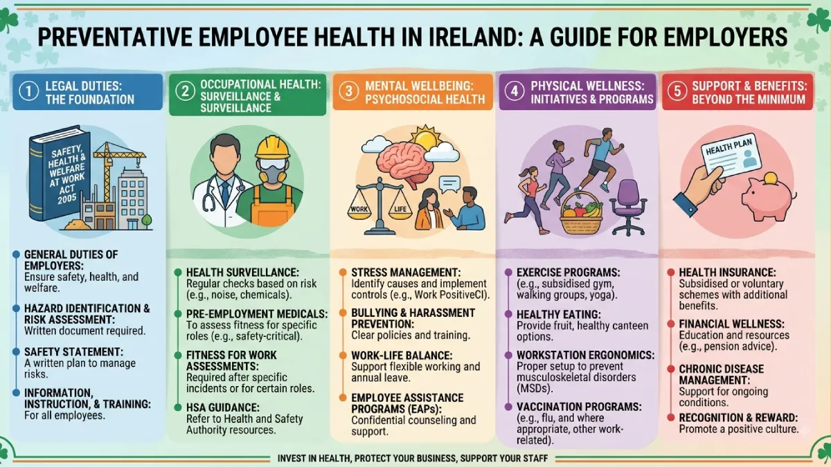 Infographic outlining five areas of preventative employee health for employers in Ireland