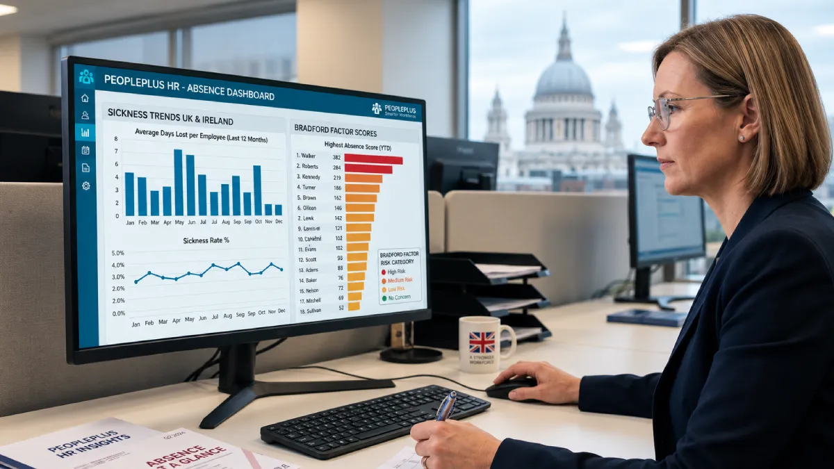 HR manager reviewing sickness absence data using absence management software in a UK office