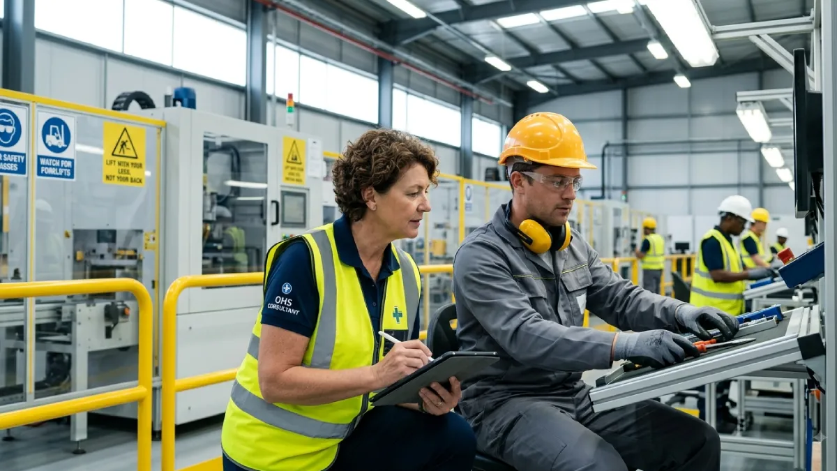 Occupational health consultant using digital software to assess a factory worker in the UK