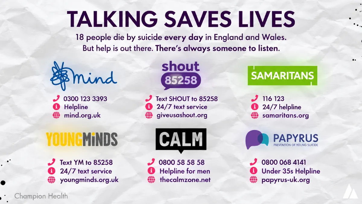 Talking Saves Lives infographic listing UK mental health helplines to support workplace health