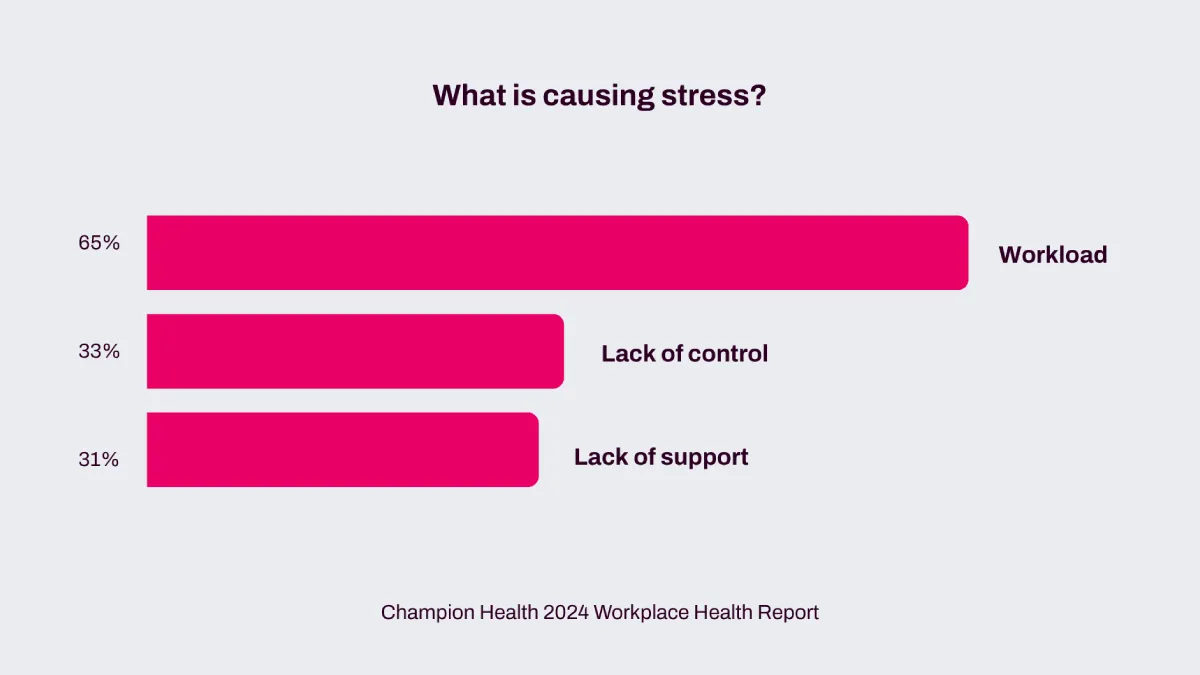 Bar chart showing workload, lack of control and lack of support as leading causes of workplace stress