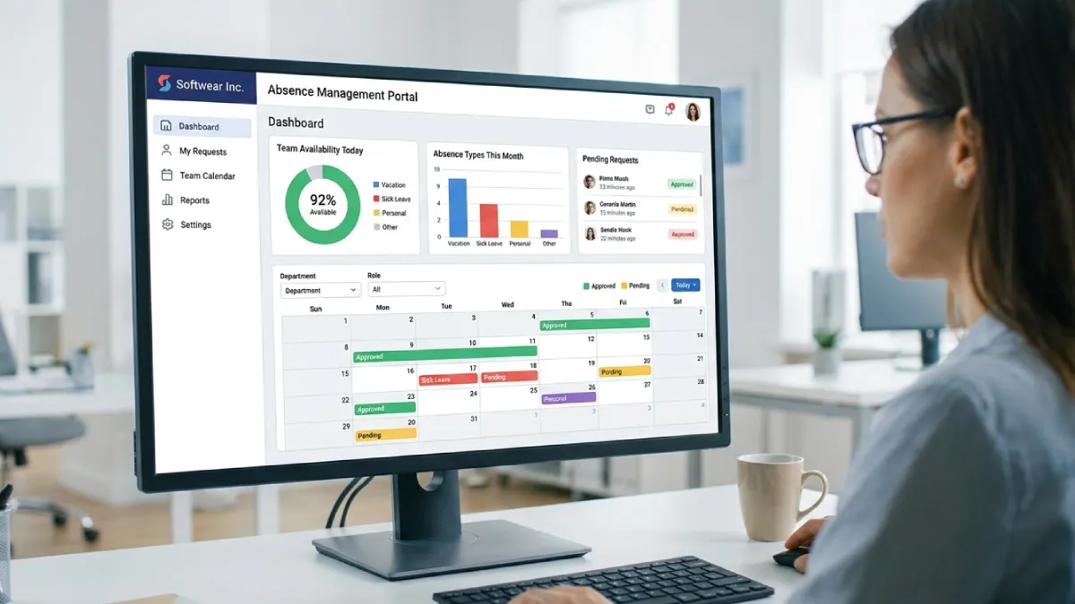 HR manager reviewing team availability and leave requests using absence management software in the UK
