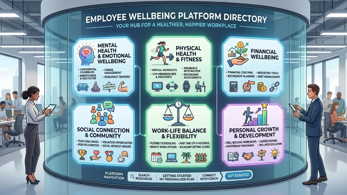 Employee wellbeing platform directory showing six areas of workplace support for UK employers