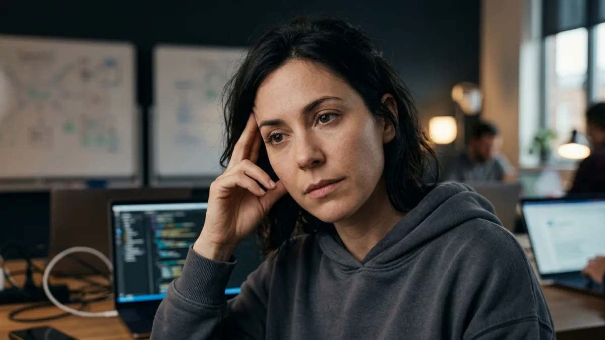 Stressed tech employee at her laptop, highlighting mental health support needs in startup teams