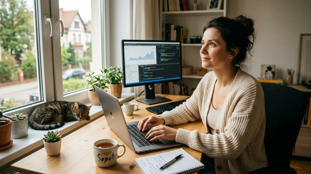 Remote employee working from home, representing wellbeing platforms for UK remote and hybrid teams in 2026