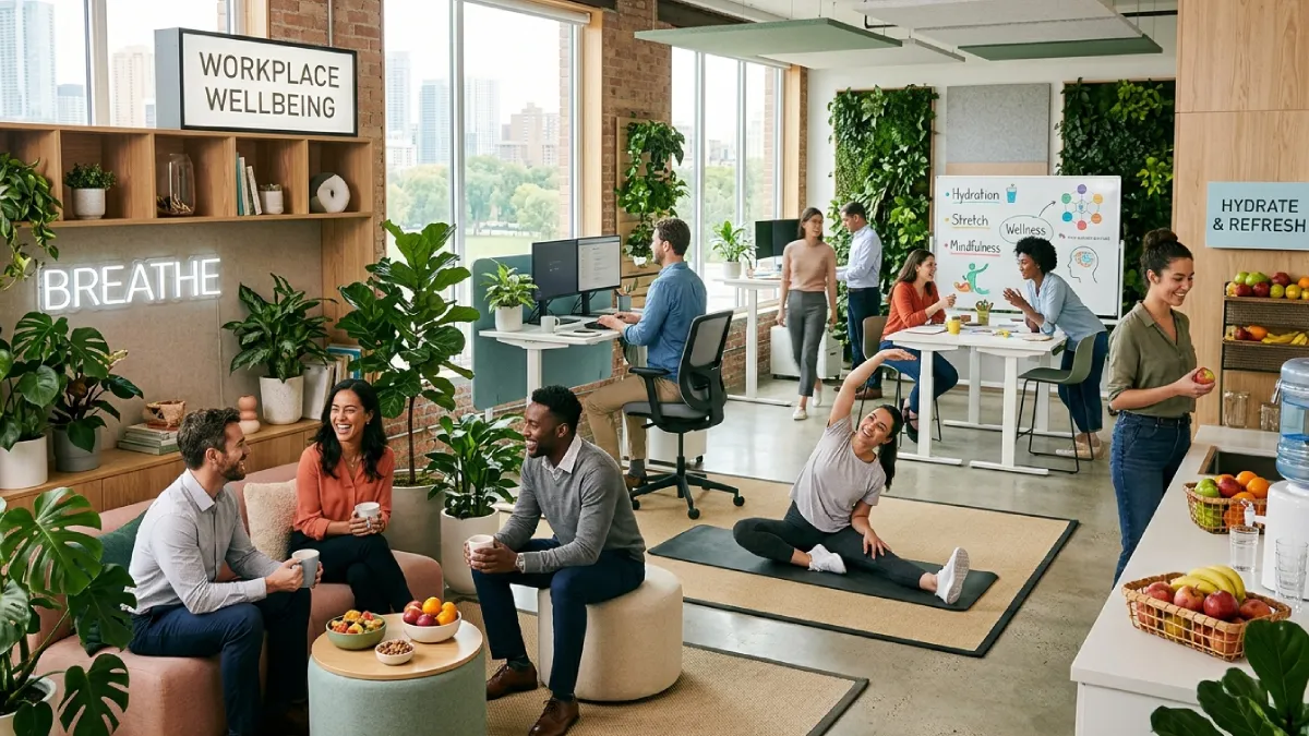 UK SME employees taking part in a workplace wellness programme with healthy food, exercise and wellbeing activities