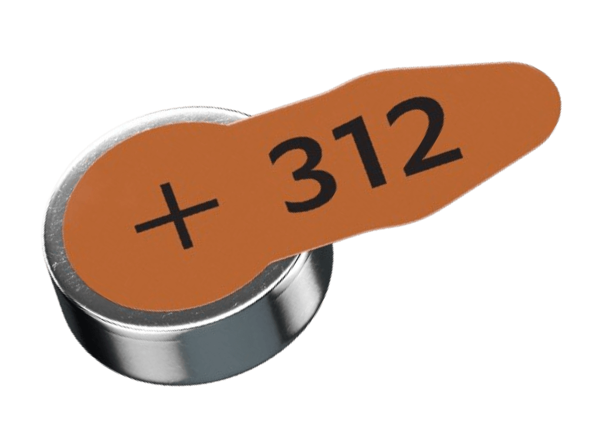 Hearing aid battery labeled 312, with a metallic round base and an orange tab.