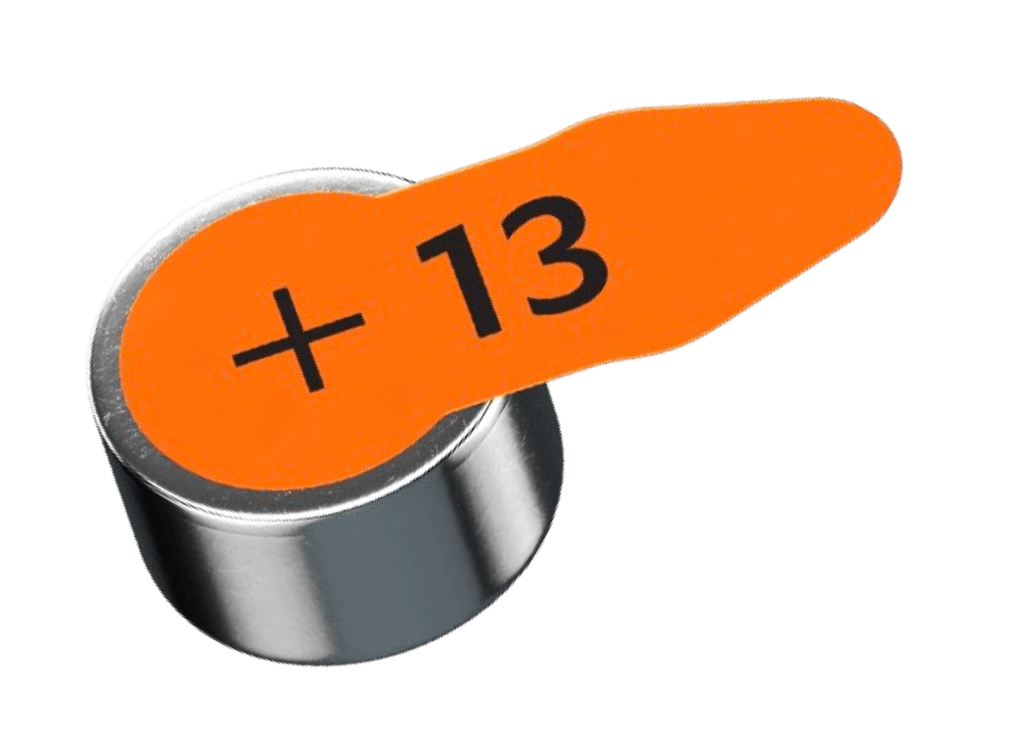 Hearing aid battery with a silver metallic base and an orange tab marked "+13".