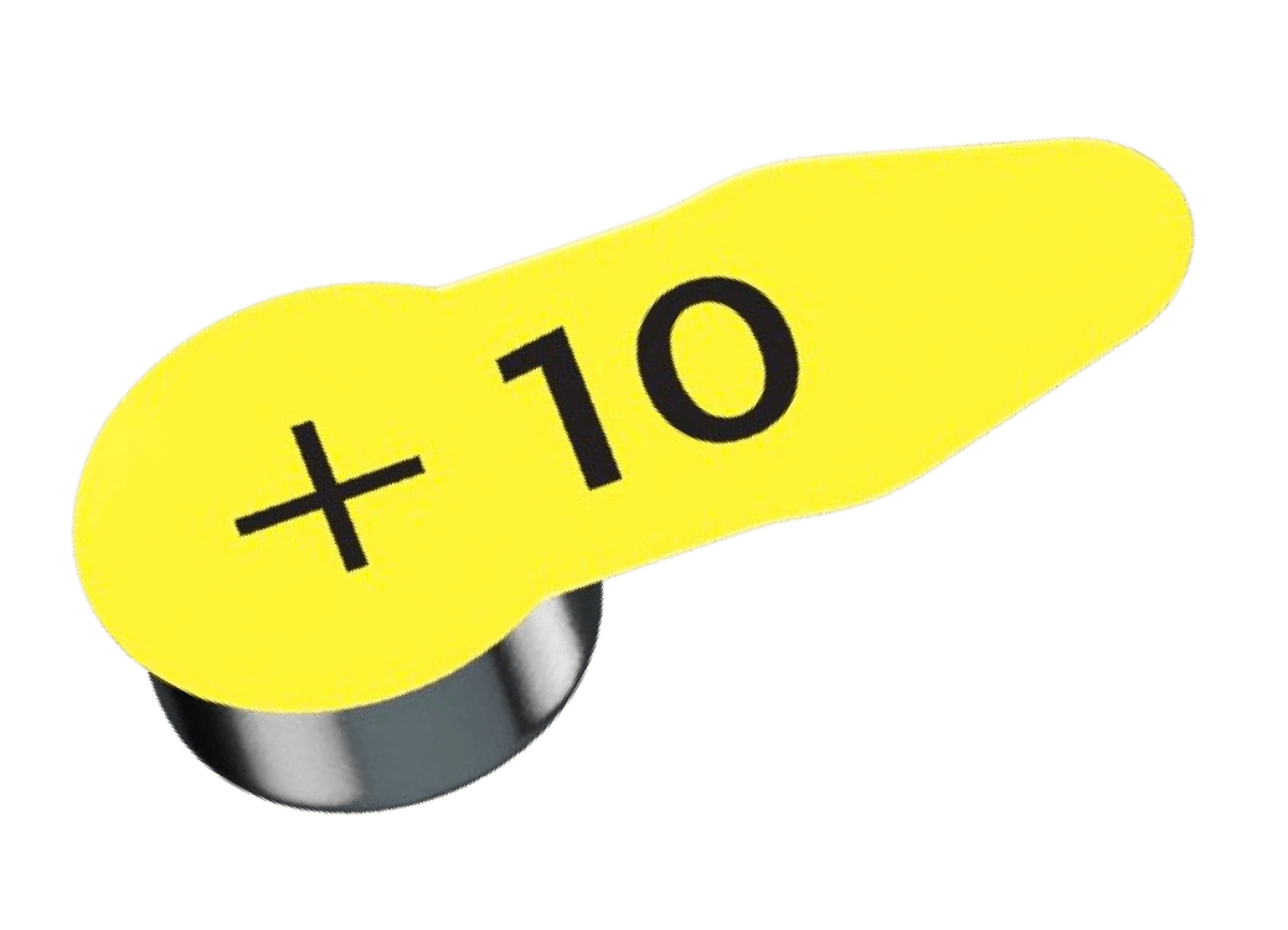Yellow hearing aid battery with a +10 label, featuring a metallic base.