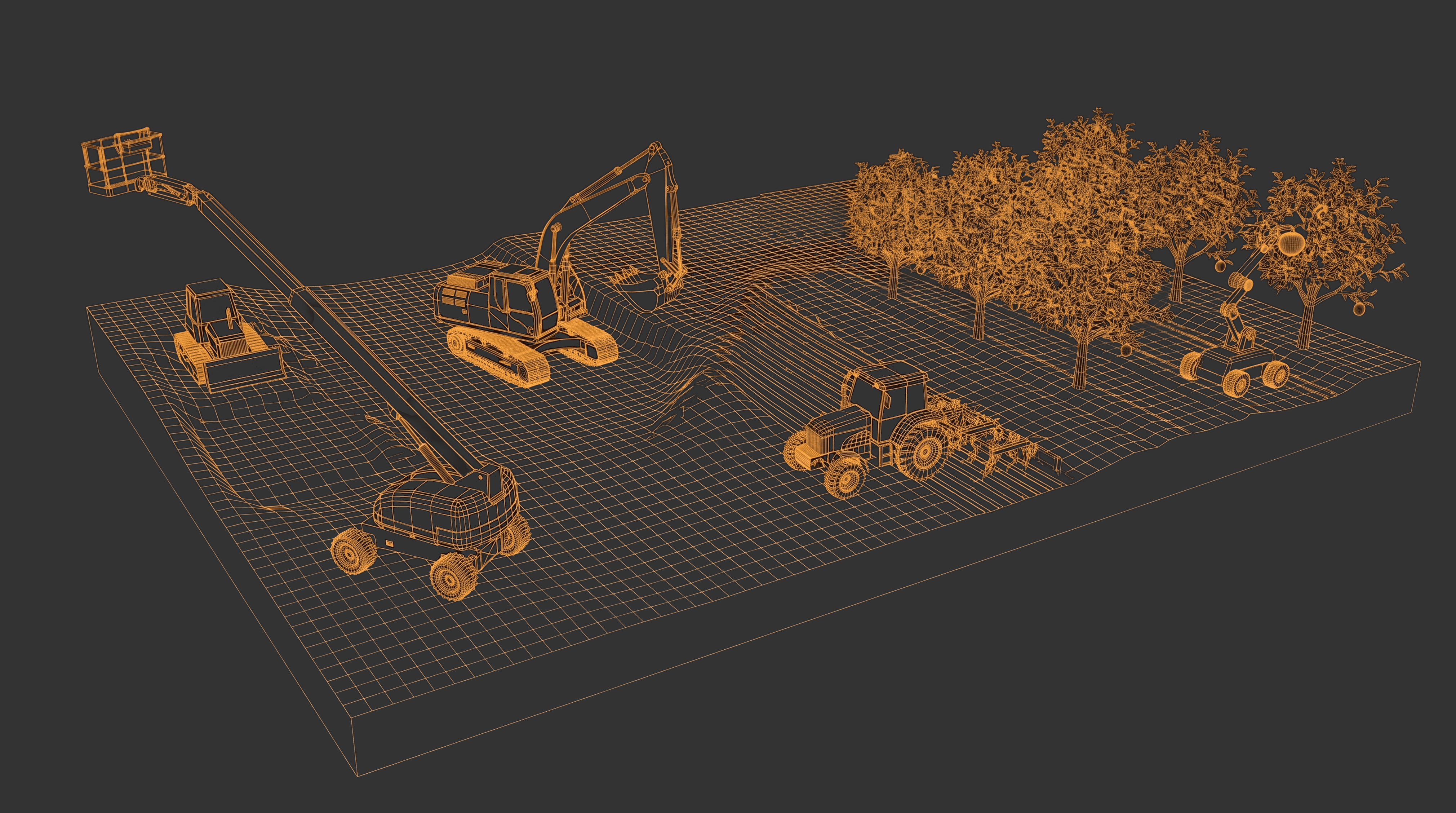 3D illustration of a crop field with agricultural machinery, representing TorqueField, a foundation model designed for large-scale field operations.