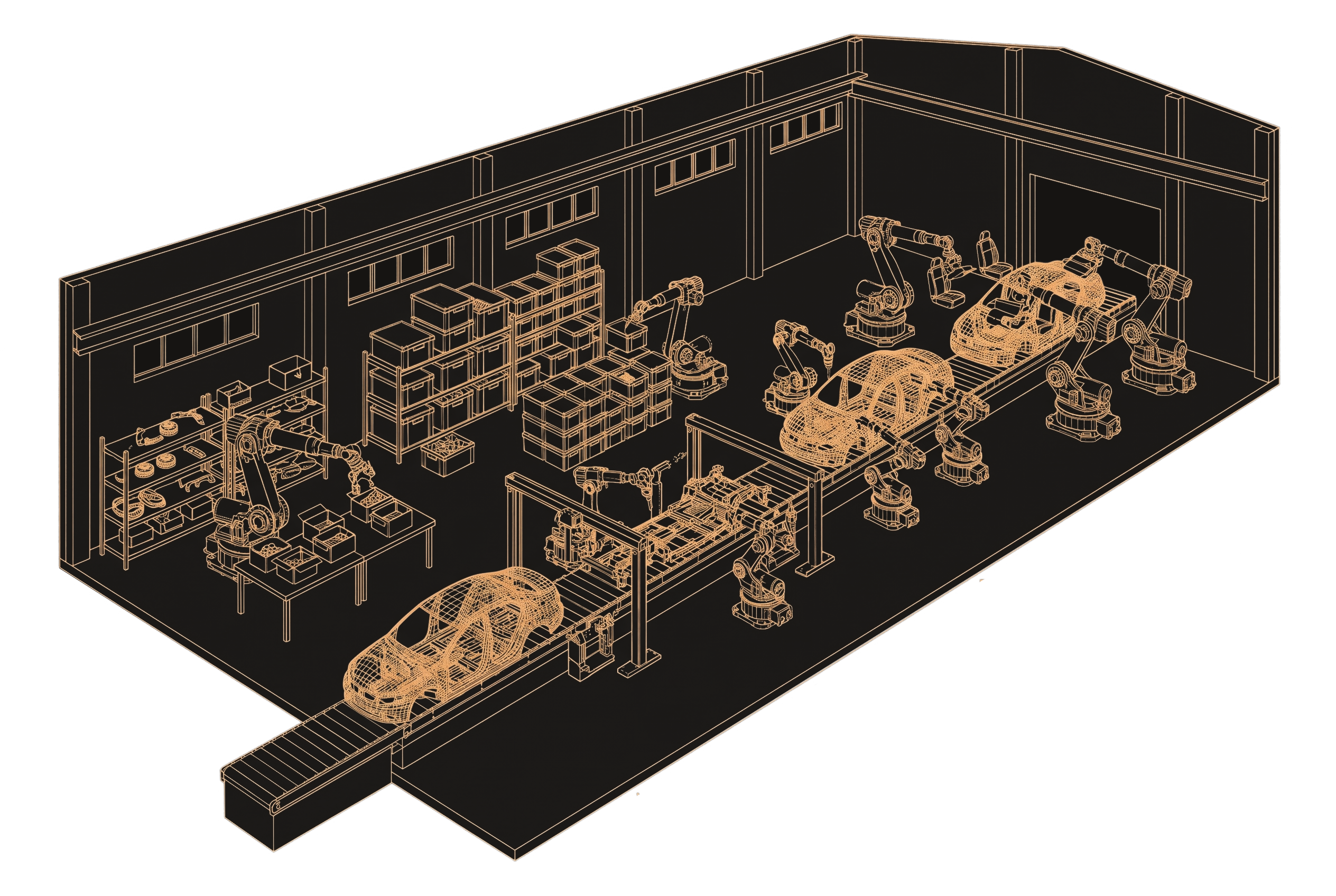 3D illustration of a crop field with agricultural machinery showing TorqueField use case locations
