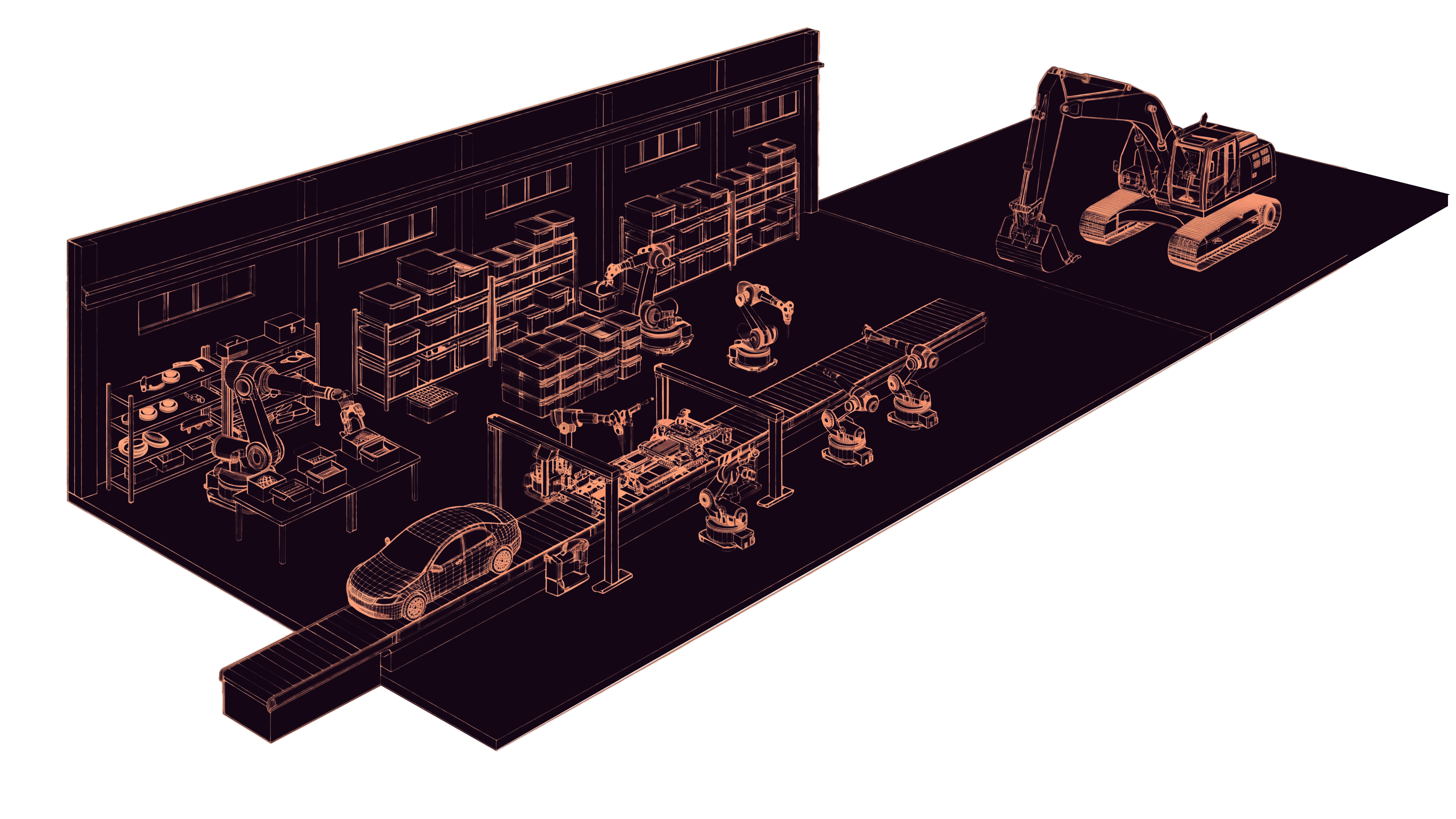 3D wireframe illustration of an inspection facility with robotic arms and heavy equipment showing TorqueFocus use case locations
