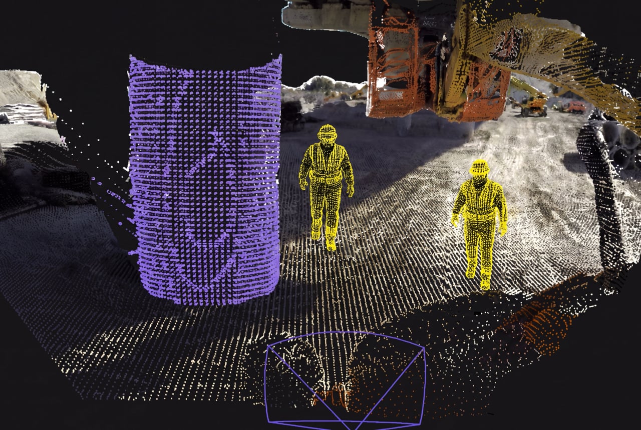 Construction site point cloud with detected people and vehicles