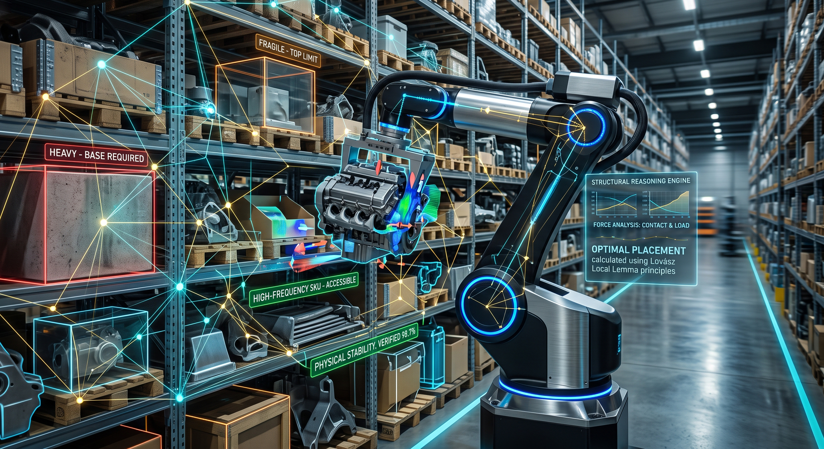 A warehouse robot arm placing an engine block on a shelf, with force analysis and placement constraints overlaid on the surrounding parts